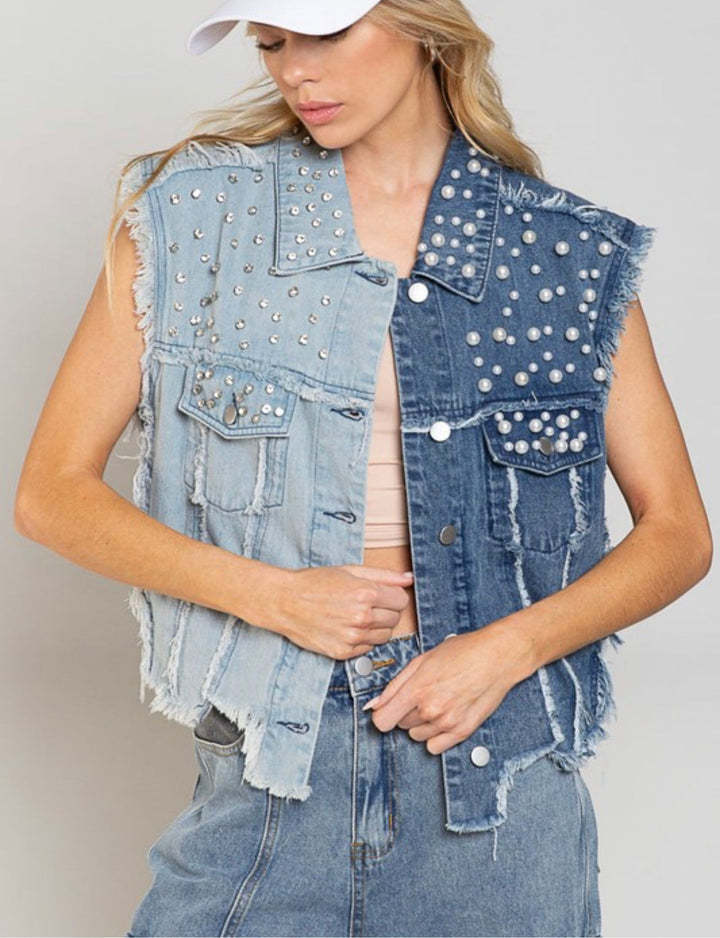 Splicing Beads Loose Short Denim Vest