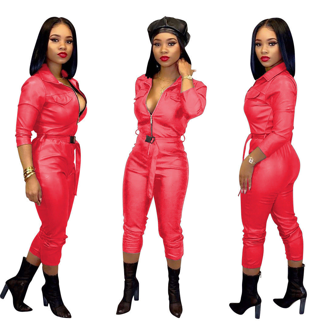 Highly Elastic Leather Jumpsuit
