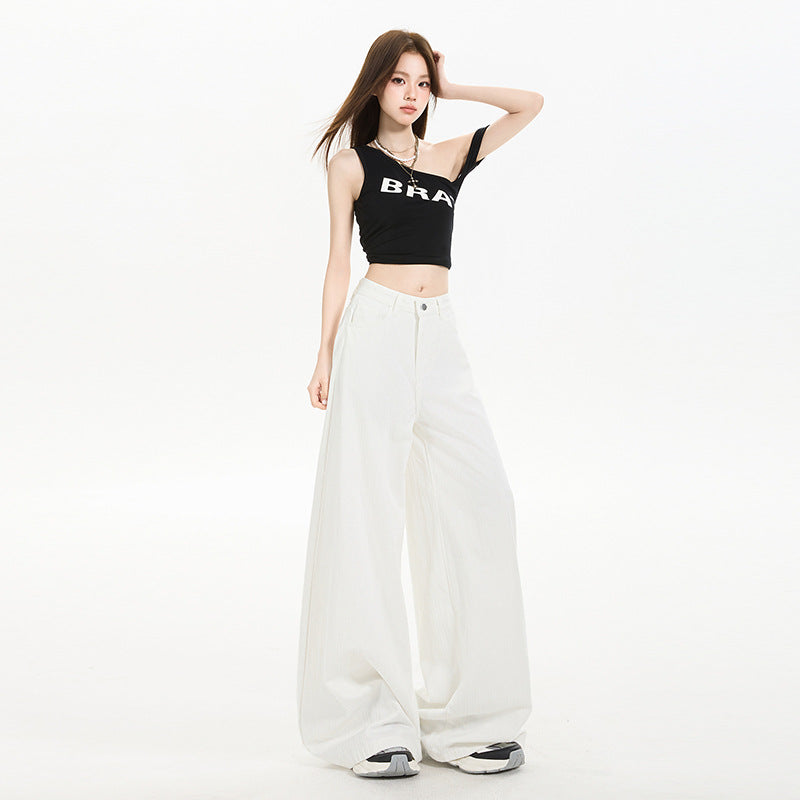 High-Waist White Denim Wide-Leg Pants