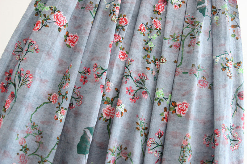 Women's Cotton And Linen Color A-Line Floral Long Dress