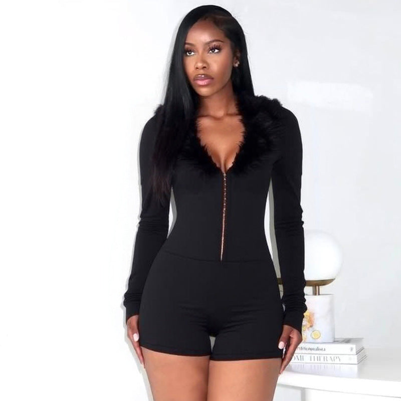 Women's Deep V-Neck Furry Collar Long-Sleeve Jumpsuit