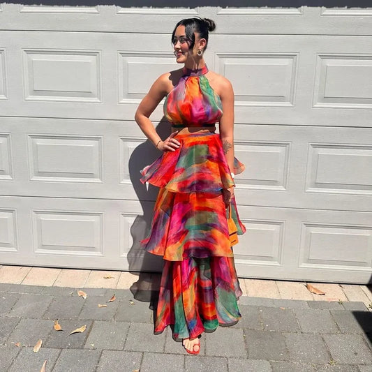 Printed Halter Top & Ruffles Skirt Outfit