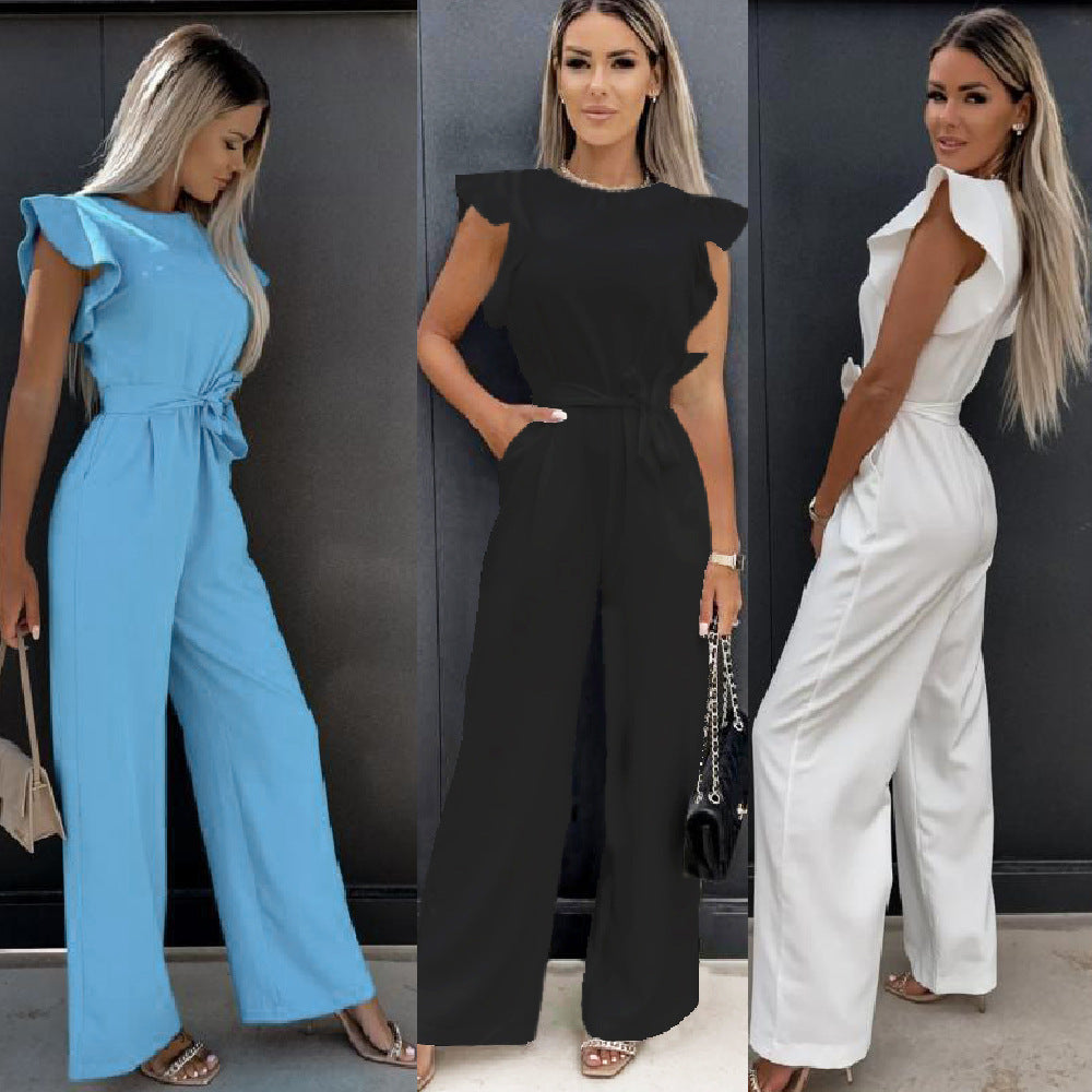 New****!!! - High-Waist Commuter Trimming Lace-Up Jumpsuit Trousers For Women