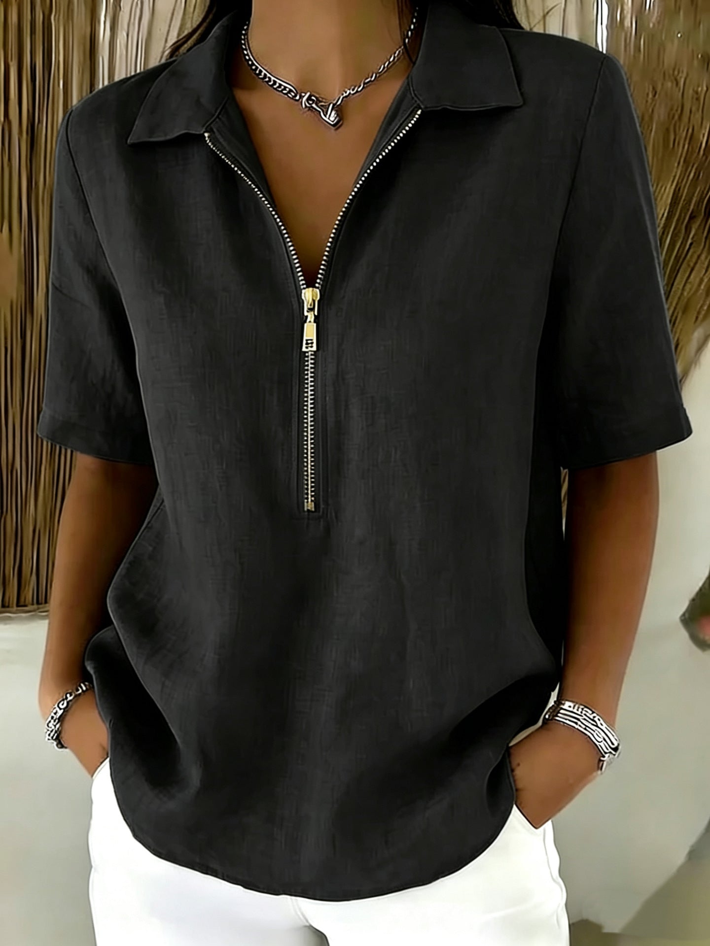 Solid-color Lapel-zip Mid-sleeve Womens Blouse