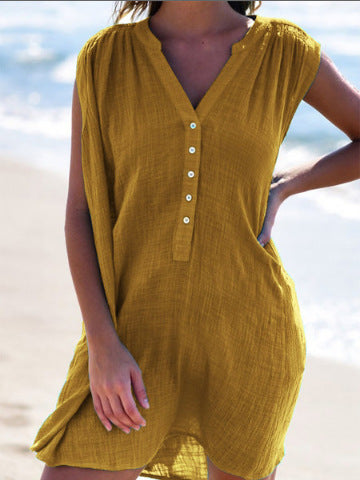 Summer Best Selling Women's Clothes Solid Color Fashion V-neck Buttons Casual Sleeveless Dress