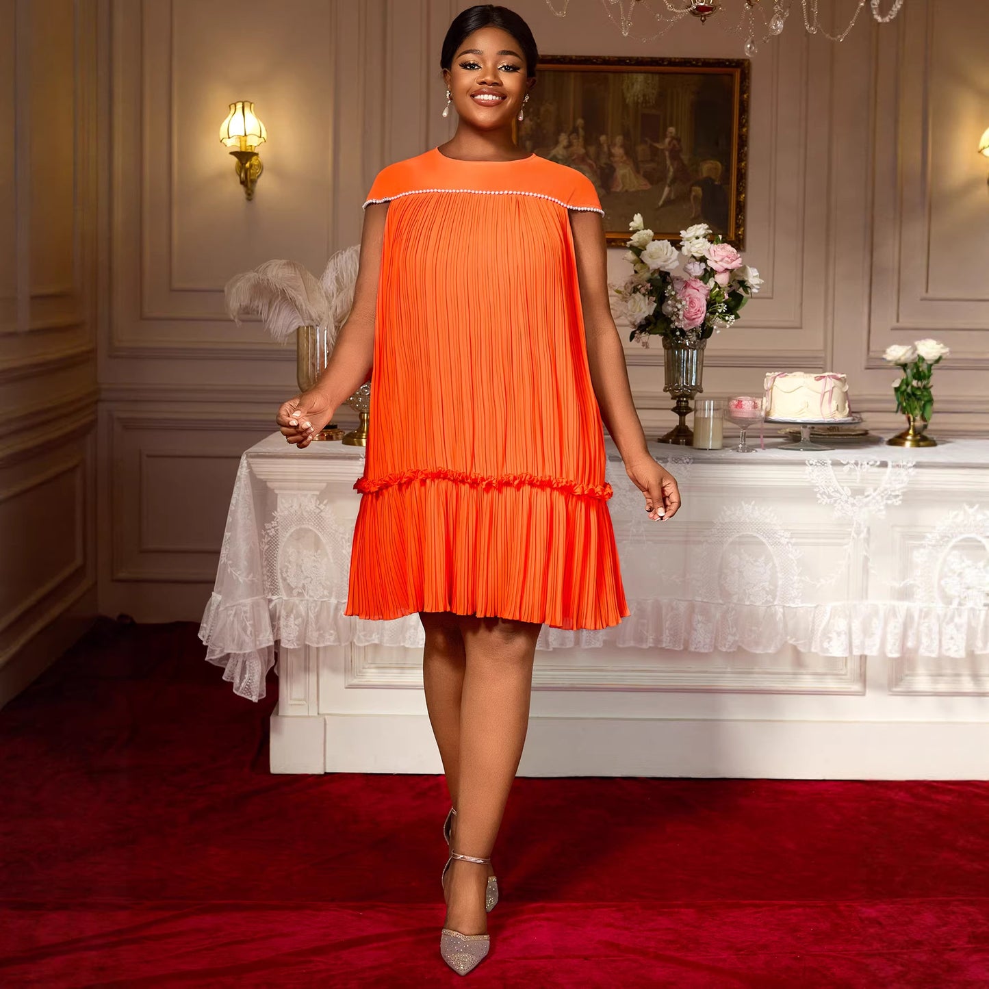 Flesh Mcovering Ruffled Trim Lace Up Dress