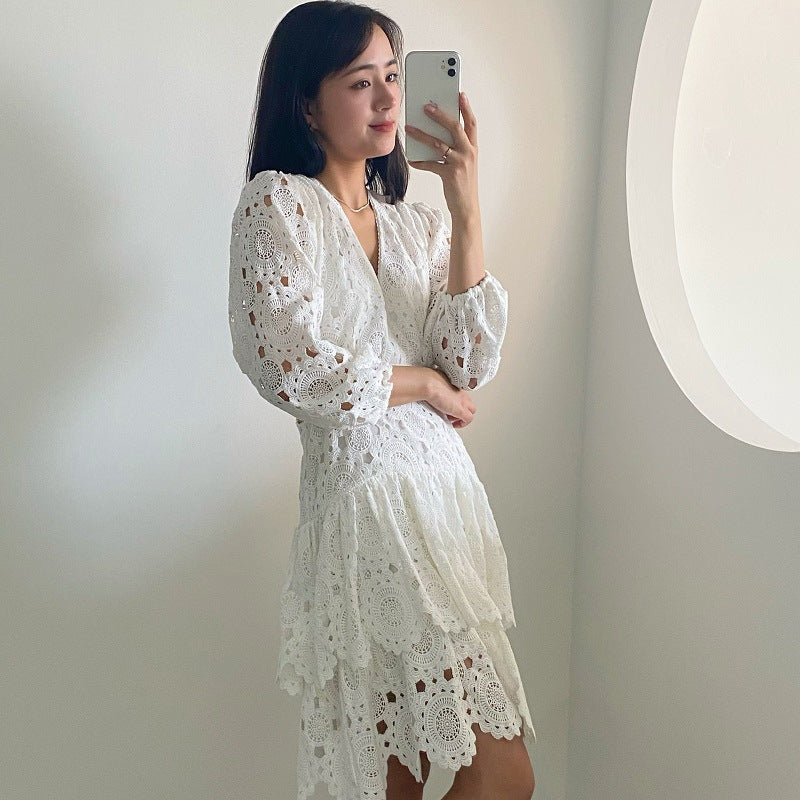 Hollow Embroidered Lace V-Neck Women's Dress