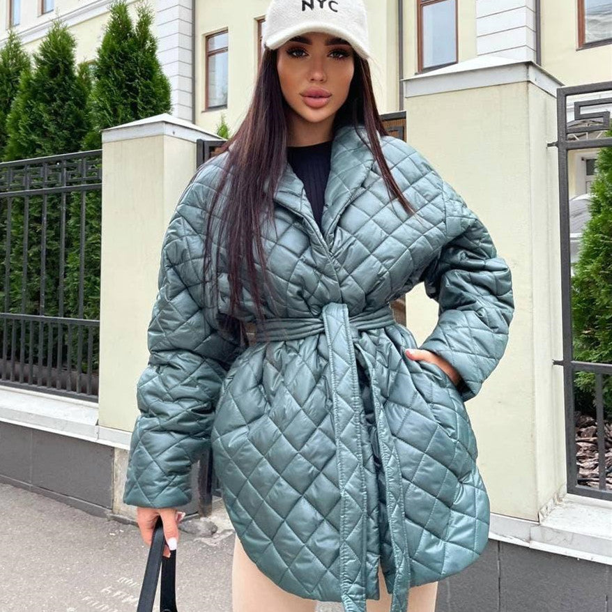 Slim-Fit Lace-Up Lapel Plaid Cotton-Padded Women's Coat