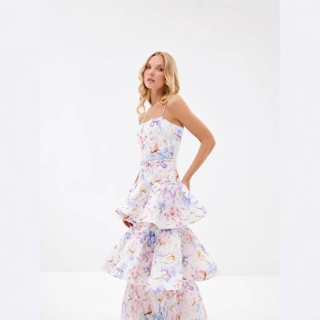 Printed Painted Belt Waist Slimming Dress