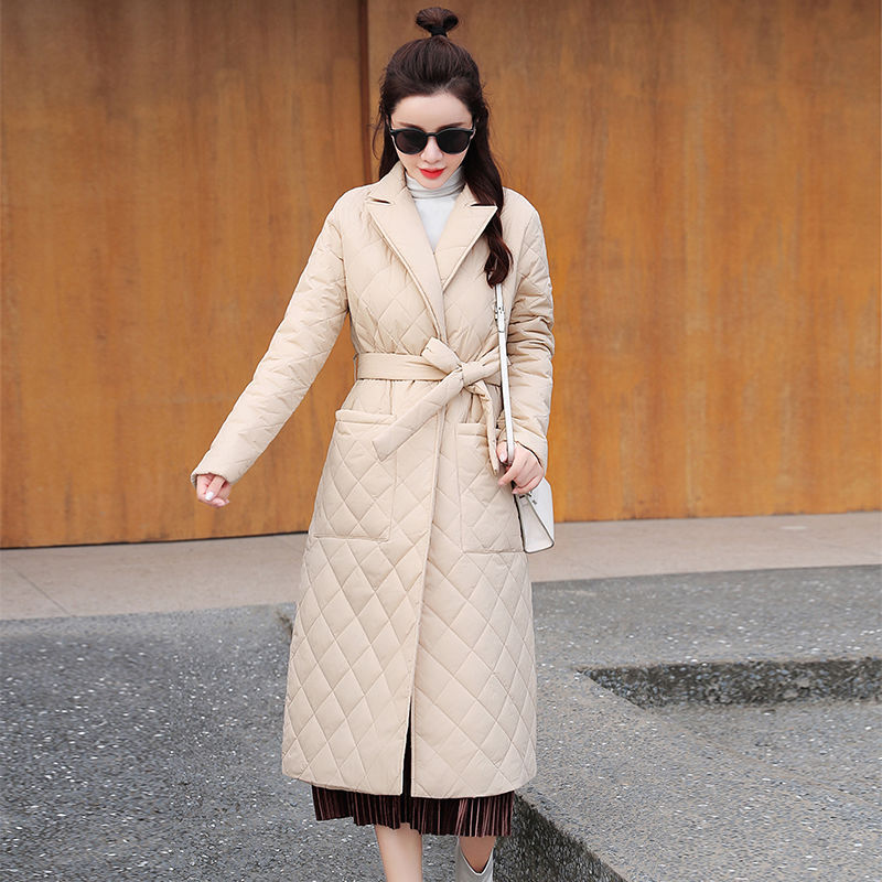 Mid-length Lightweight Cotton-padded Jacket Female Suit Collar Diamond Lattice Coat For Women