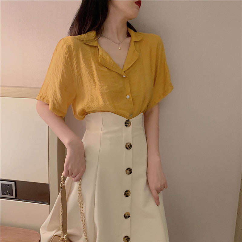 V-neck single-breasted retro umbrella skirt
