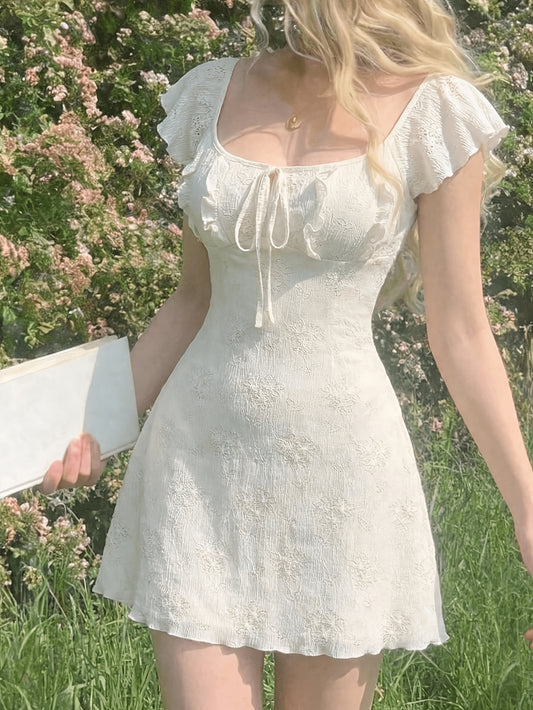 Women's New Summer French Style Romantic Elegant Ruffled Tie Waist Mini Dress Suitable For Going Out And Dating