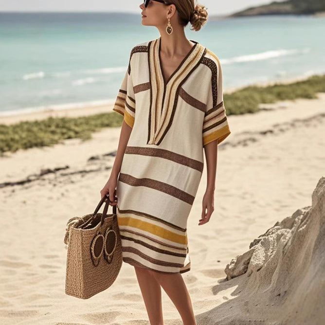 Digital Printing Striped V-Neck Dress
