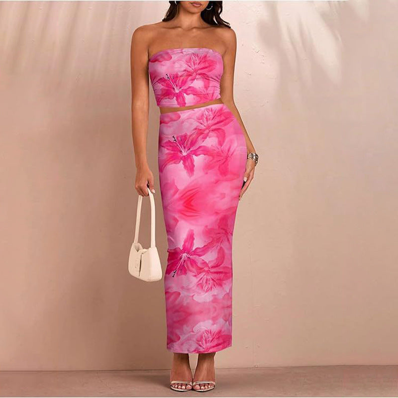 Sexy Form-fitting Two-piece Set Featuring A Floral Bustier Top And A Midriff-baring Bodycon Skirt