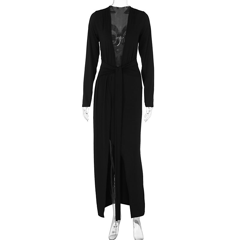 Women's Deep V-neck Long Sleeve Tied Split Dress