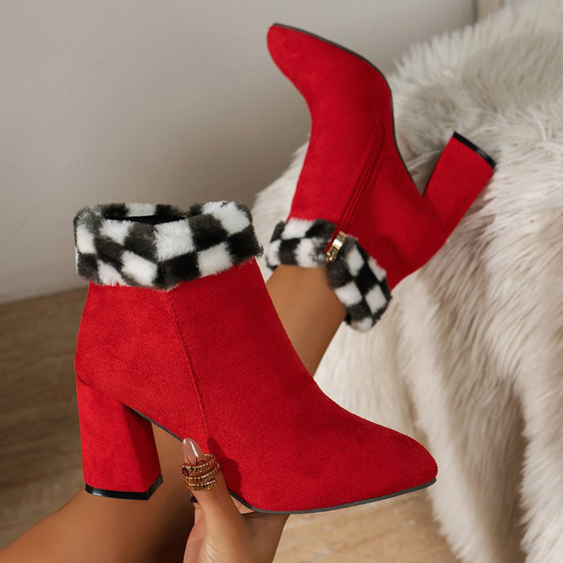 Plaid Square-Heel Suede Boots