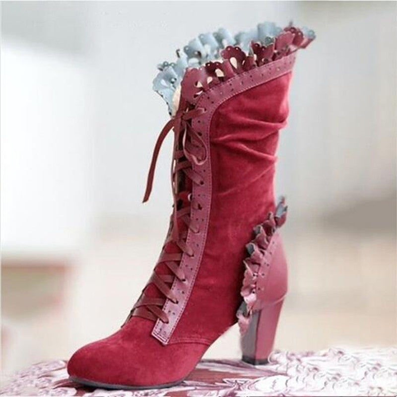 Lace-Up Ruffle Design Boots