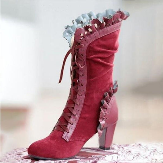 Lace-Up Ruffle Design Boots