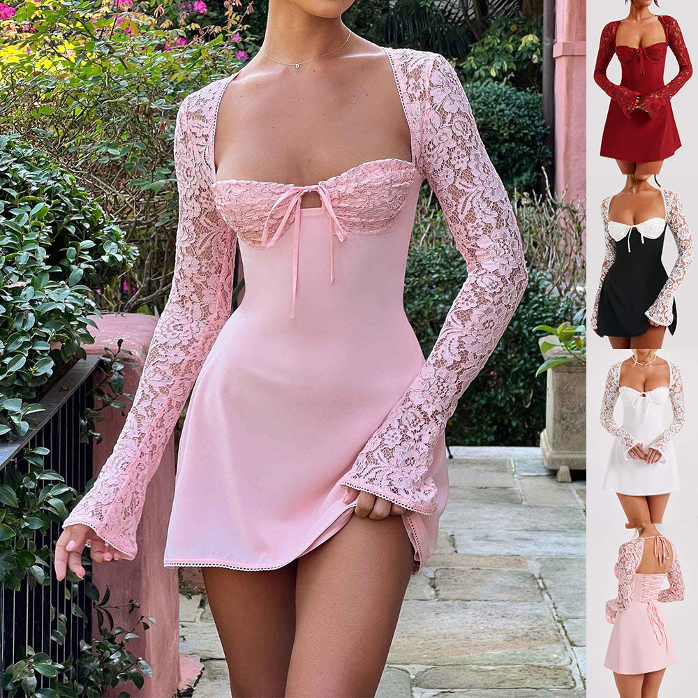 Backless Corset Lace Long-Sleeve Mini Dress