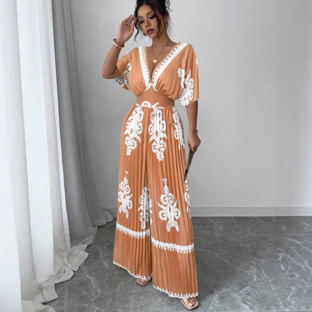 Casual Printed Loose Short-Sleeve Jumpsuit