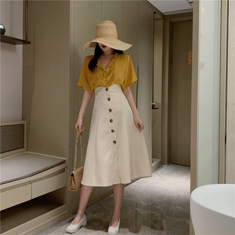 V-neck single-breasted retro umbrella skirt