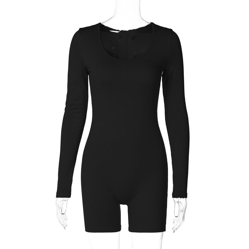 Solid-Colour Slim-Fit Long-Sleeve Sports Jumpsuit