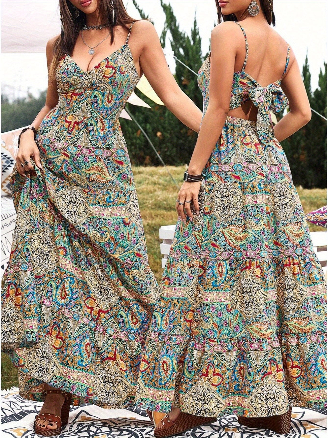 Open-Back Bowknot Flowy Maxi Party Dress - US Only