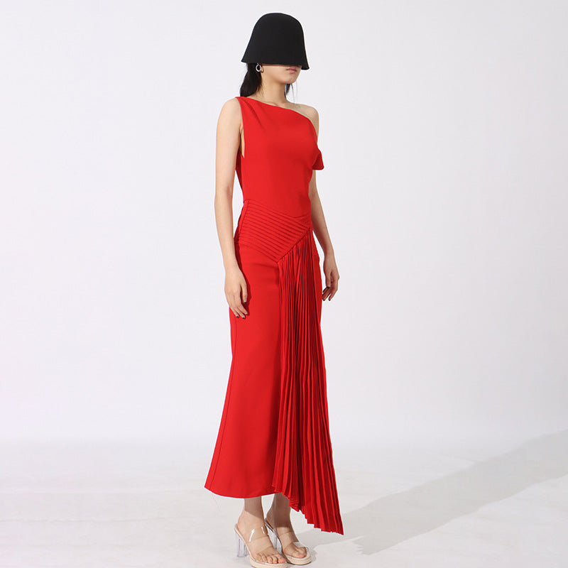 Summer New Shoulder Pleated Irregular Dinner Dress Women
