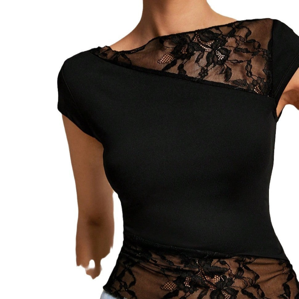 Slim-Fit Asymmetric Lace Short Sleeve Top