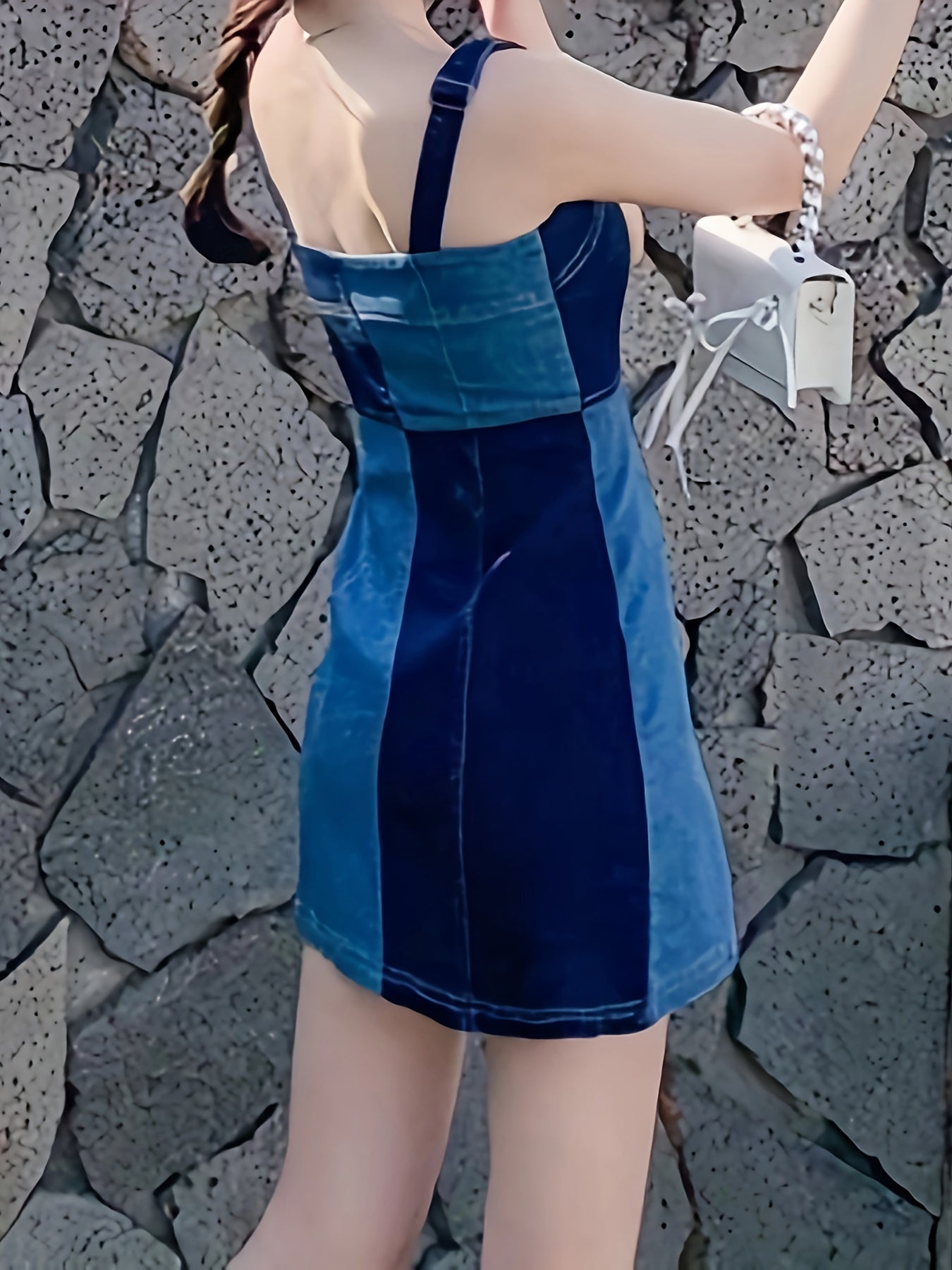 Colour-Block Zipper Patchwork Denim Mini Dress