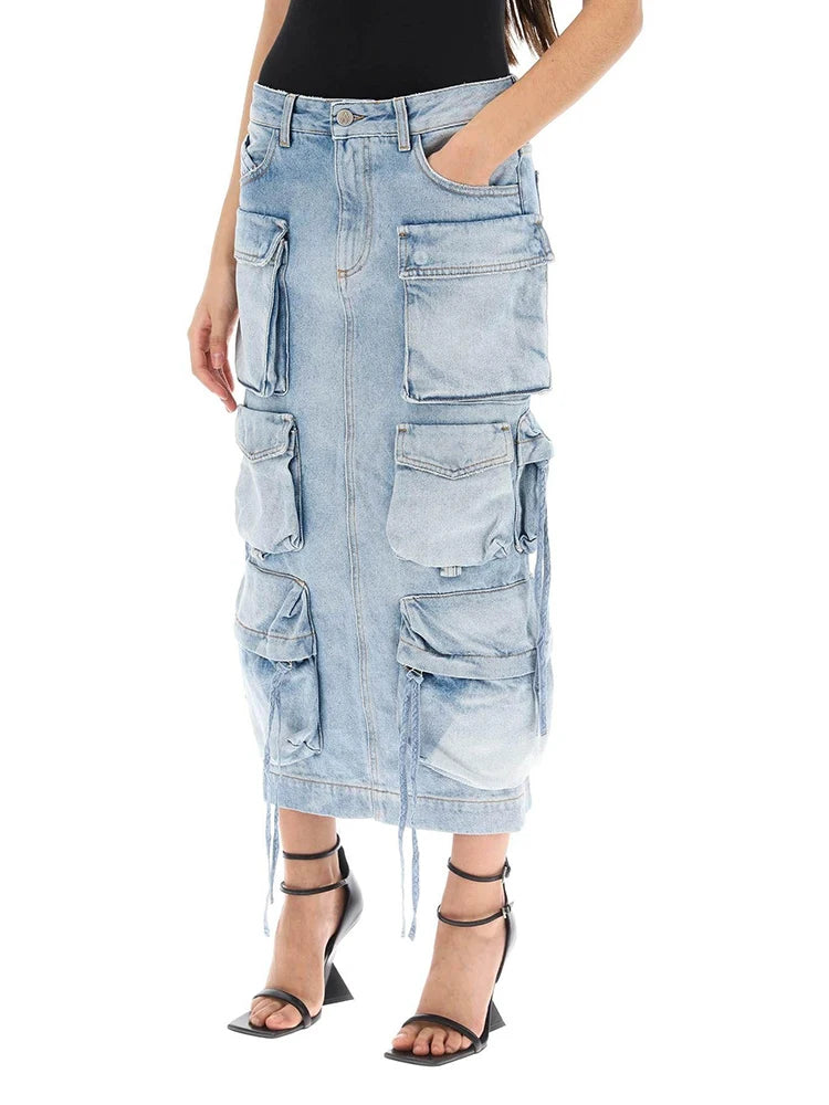 High-Waist Patchwork Pocket Cargo Skirt