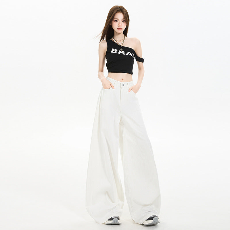 High-Waist White Denim Wide-Leg Pants
