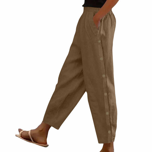 Mid-Rise Cotton-Linen Casual Loose-Fitting Trousers