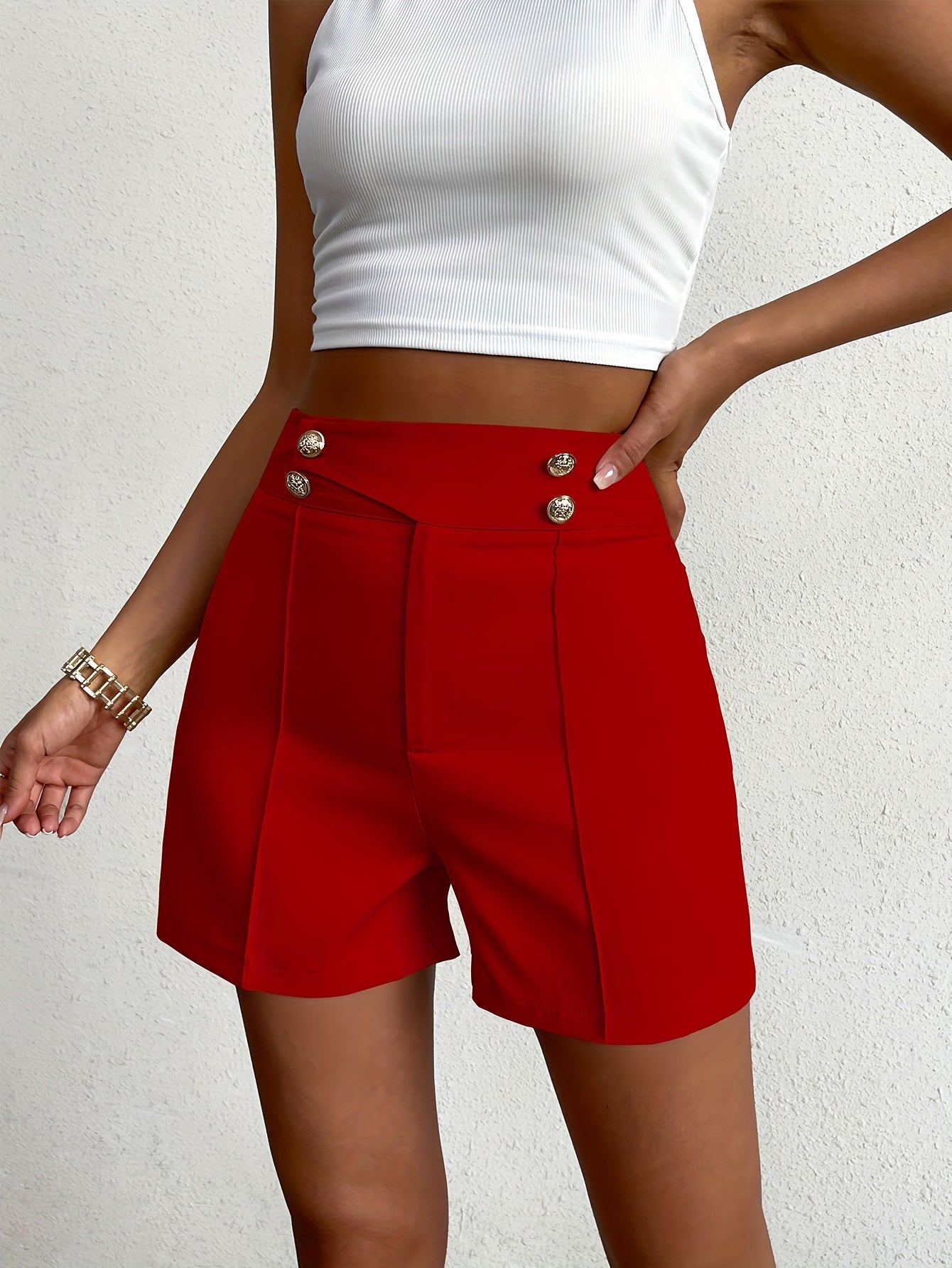 Fake Buttons High-Waist Shorts