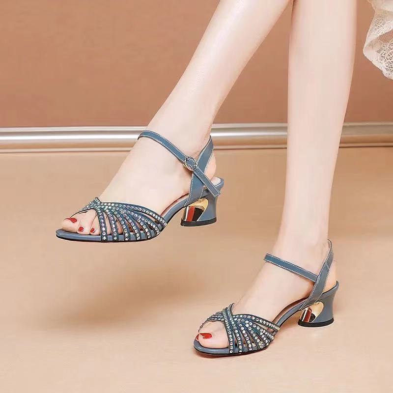 Rhinestone Low/Mid-Heel Leather Strap Sandals