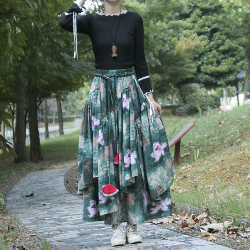 Ethnic-Style Cotton And Linen Printed Skirt