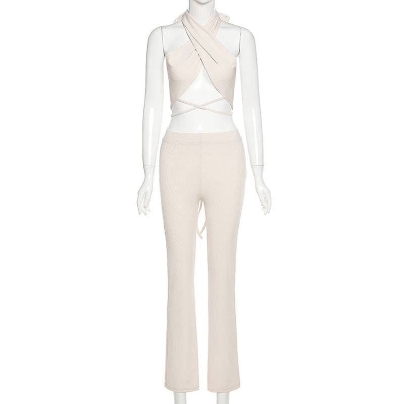 Neck-Hanging Top Slim Trousers Suit for Women