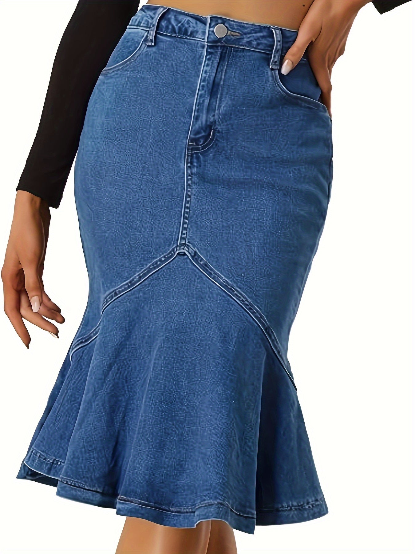 Plain Washed Blue Ruffled High-Rise Bodycon Denim Skirt