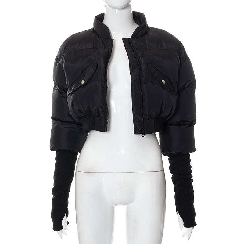 Winter Solid Color Stand Collar Pocket Zipper Sleeve Women's Wadded Jacket Top For Women