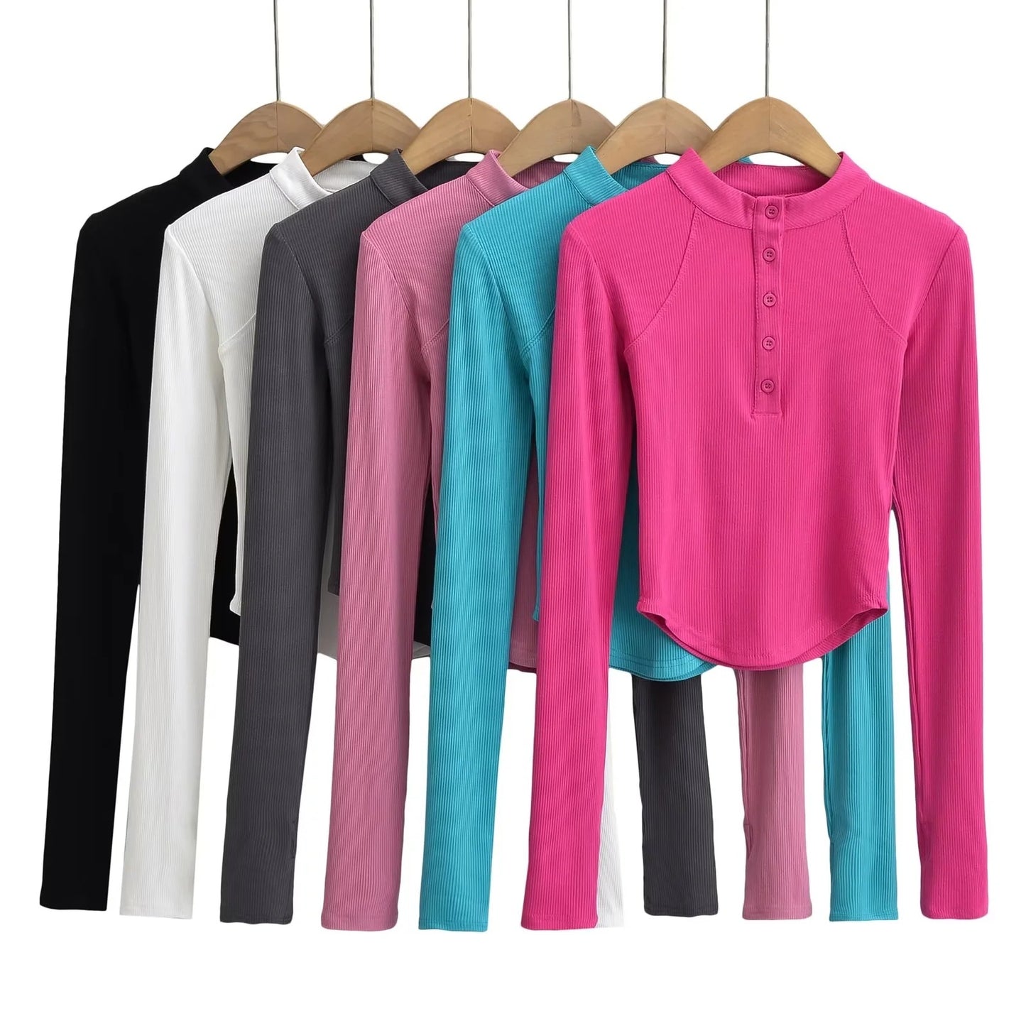 Velvet Stand-Collar Half-Cardigan Long-Sleeved T-Shirt