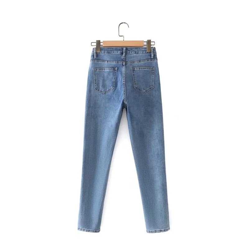 Women's High-Waist Loose-Fit Blue Wash Casual Denim Trousers