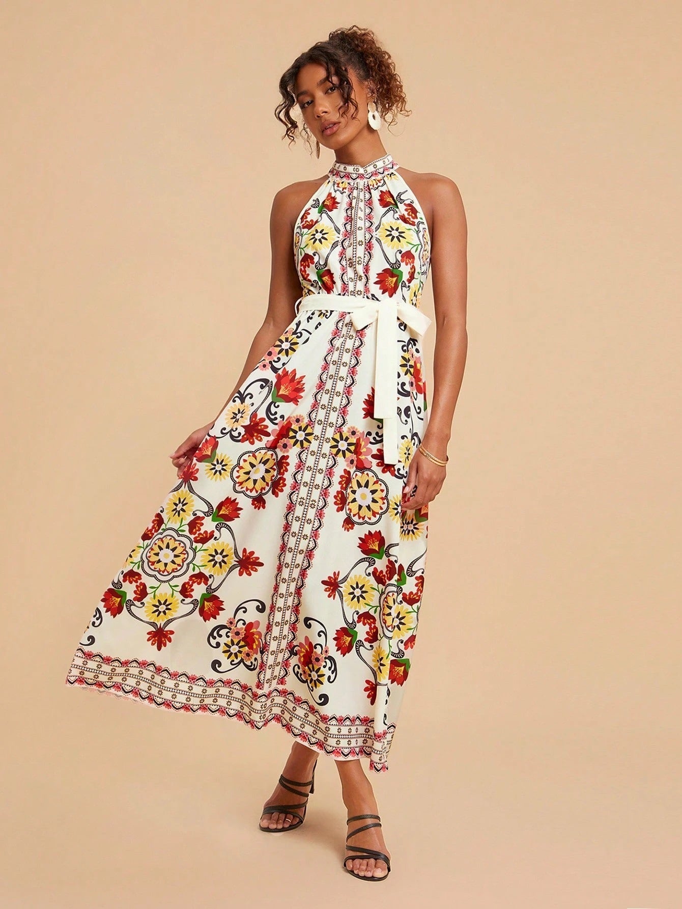 Floral Lace-up Sleeveless Dress
