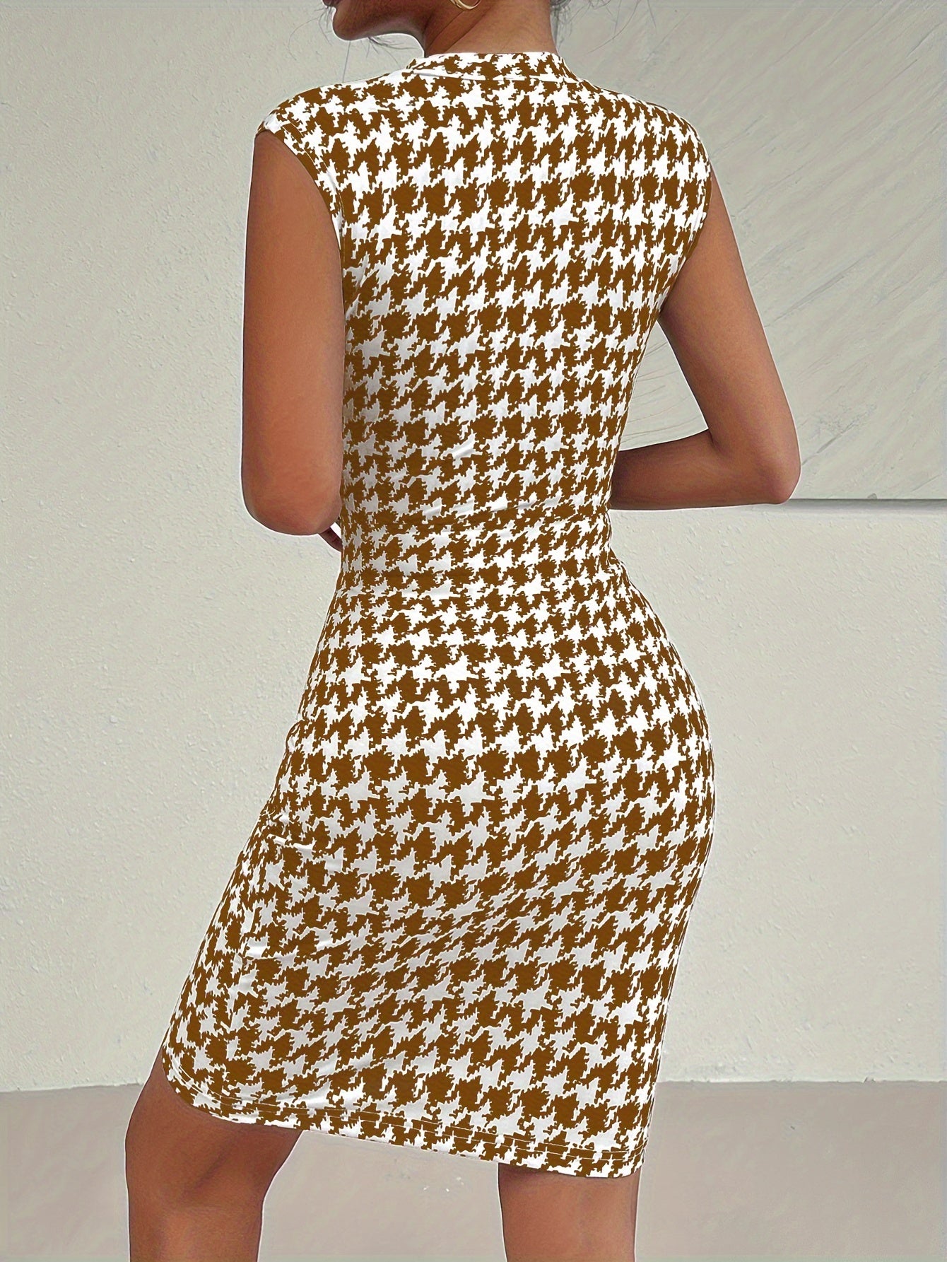 Houndstooth Print Mock Neck Bodycon Dress