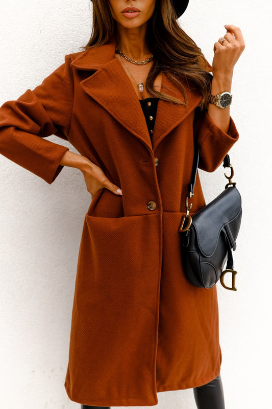 Long-Sleeve Double-Pocket Button Woolen Coat for Women