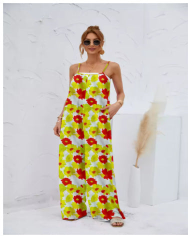 Printed Suspender Long Pants Jumpsuit