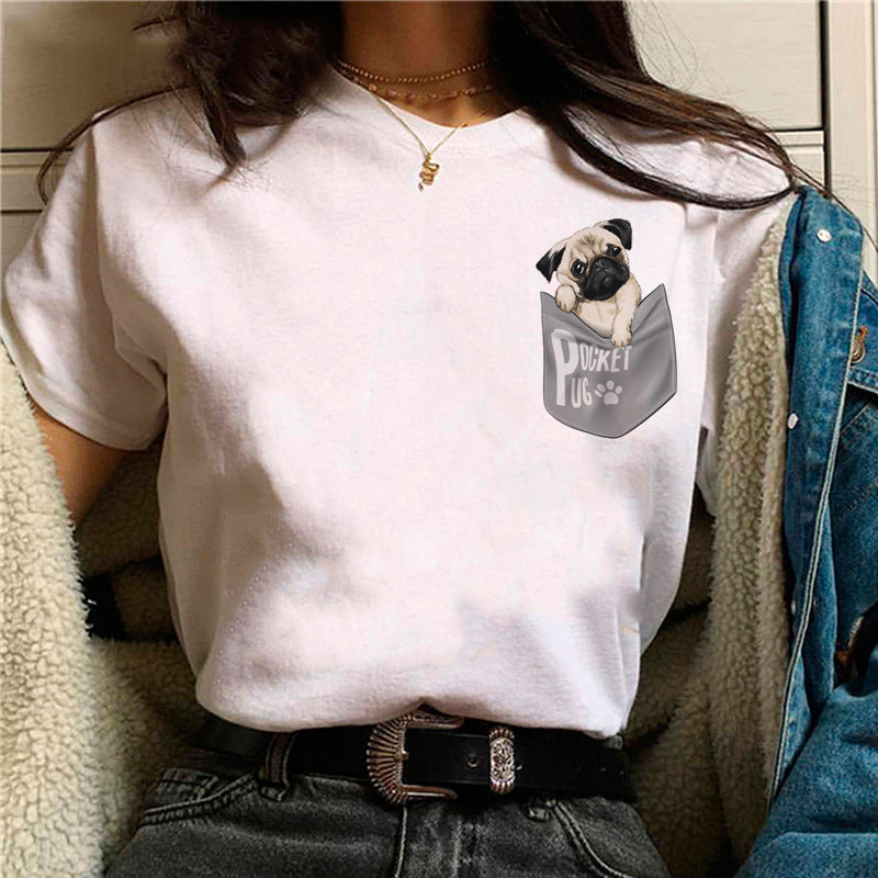 Pug Print Round-Neck Short-Sleeve Women's T-Shirt