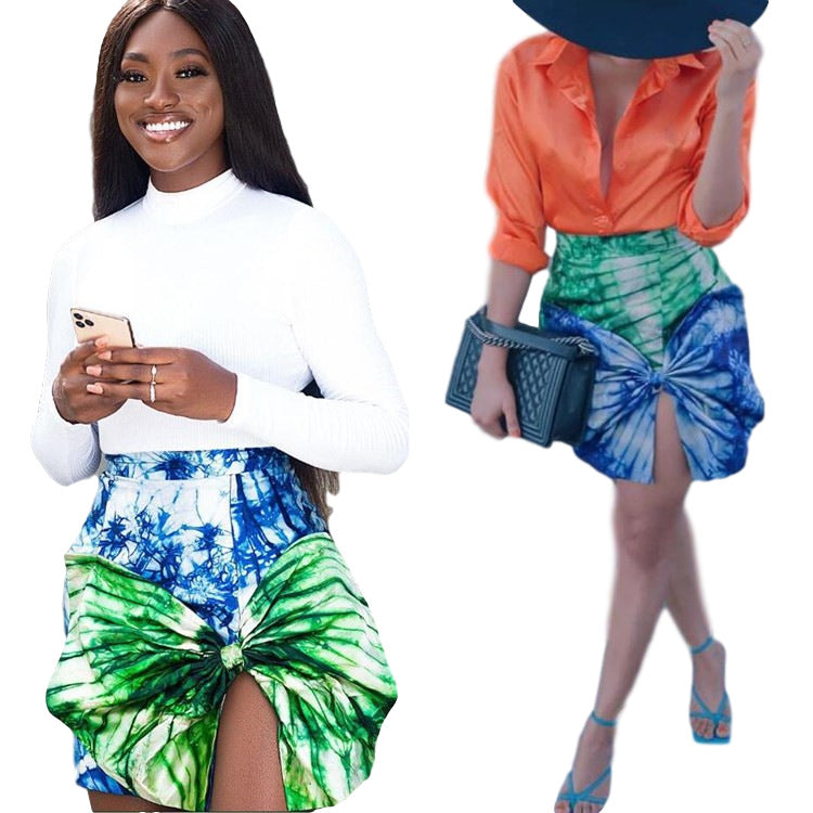 Tie-Dye Bow Contrast-Colour Skirt