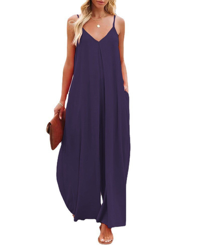 Women's Sling Wide-Leg Pants Solid-Colour Pocket Casual Jumpsuit