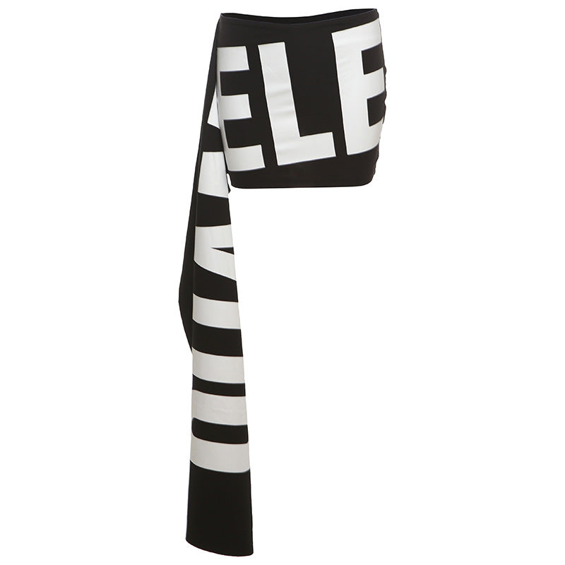 Womens Black And White Letter-Print Asymmetrical Mini Skirt