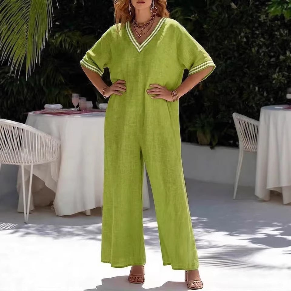 Womens Fashionable Casual Solid-Color Wide-Leg Jumpsuit